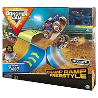 Monster Jam, Coffret Champ Ramp Freestyle officiel avec monster truck exclusif Son-uva Digger en métal moulé à l'échelle 1:64