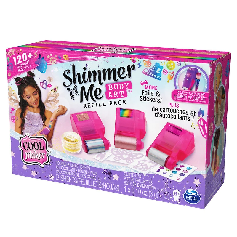 Cool Maker, Shimmer Me Body Art Refill Pack with Exclusive Glitter, 3 Metallic Foils, Over 120 Designs, Temporary Tattoo