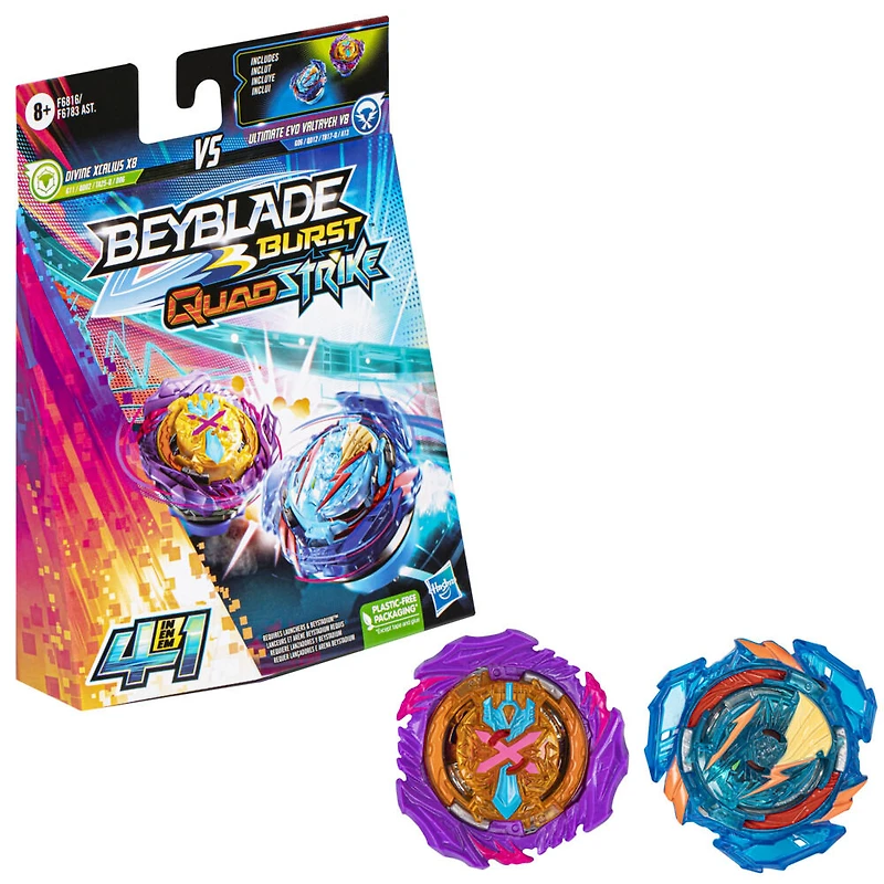 Beyblade Burst QuadStrike Dual Pack, pack de 2 toupies de compétition Ultimate Evo Valtryek V8 et Divine Xcalius X8