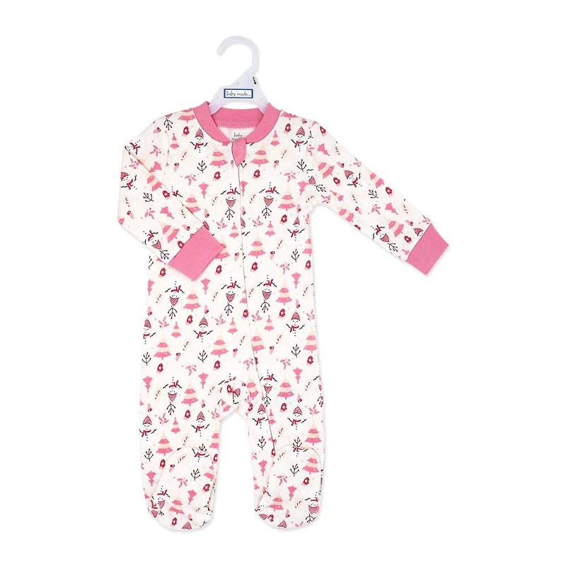Baby Mode Grenouillère de Noël zippée en coton : Bonhomme de neige rose 0-3M