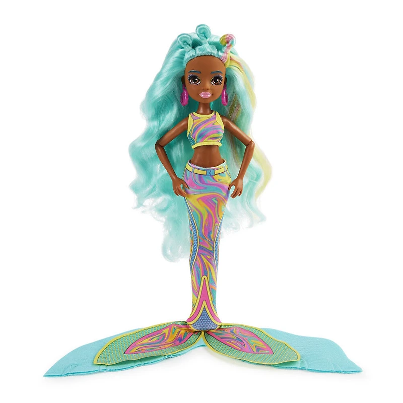 Mermaid High, Poupée sirène Spring Break Oceanna et accessoires avec queue amovible et mèches de cheveux qui changent de couleur