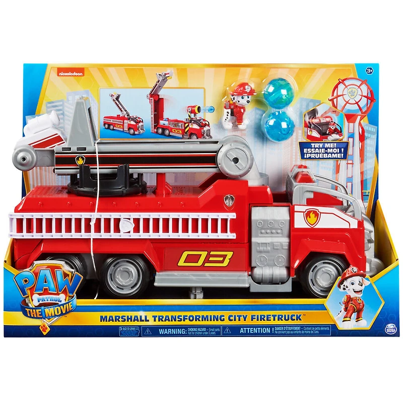PAW Patrol, Transforming City Firetruck de Marcus tiré du film, avec échelle télescopique, effets sonores et lumineux et figurine articulée à collectionner