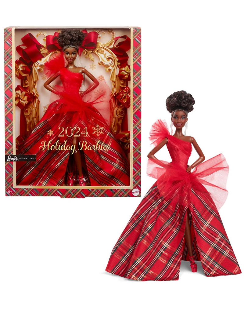Barbie Poupée Barbie Joyeux Noël 2024 Poupée de collection aux cheveux noirs avec robe à carreaux dans un emballage à exposer