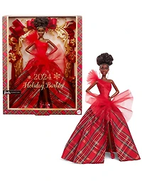 Barbie Poupée Barbie Joyeux Noël 2024 Poupée de collection aux cheveux noirs avec robe à carreaux dans un emballage à exposer