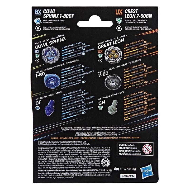 Beyblade X Dual Pack Cowl Sphinx 1-80GF et Crest Leon 7-60GN