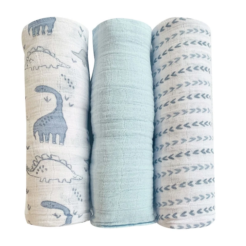 Koala Baby - 3 Pk Muslin Swaddle - Blue Dinos