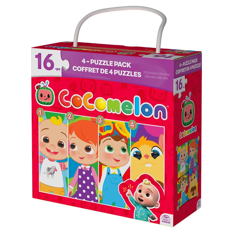 CoComelon, 4 Jigsaw Puzzle Bundle 16-Piece Easy Cartoon JJ and Friends Netflix YouTube Show with Portable Rope Gift Box