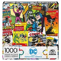 DC Comics, Detective Comics, Puzzle de 1 000 pièces représentant un collage de couvertures de comics rétro avec Batman et Le Joker, avec poster
