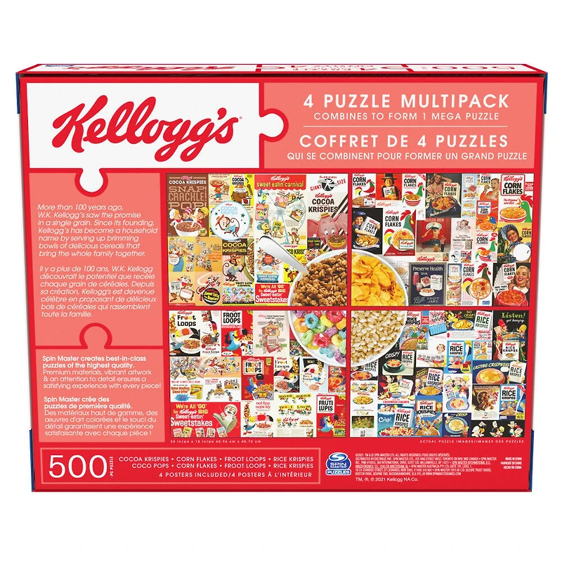 Kellogg's, Coffret de 4 puzzles, 500 pièces qui se combinent pour former un méga puzzle : Cocoa Krispies, Corn Flakes, Fruit Loops, Rice Krispies