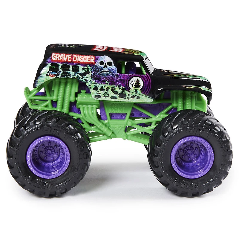 Monster Jam, Coffret Monster truck Grave Digger à l'échelle 1:64 officiel et figurine articulée Grim Creatures de 12,7 cm (violet métallique)