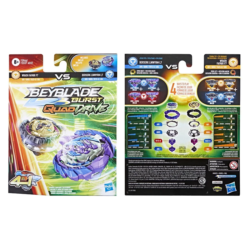 Beyblade Burst QuadDrive, Pack de 2 toupies de compétition Wrath Fafnir F7 et Berserk Linwyrm L7