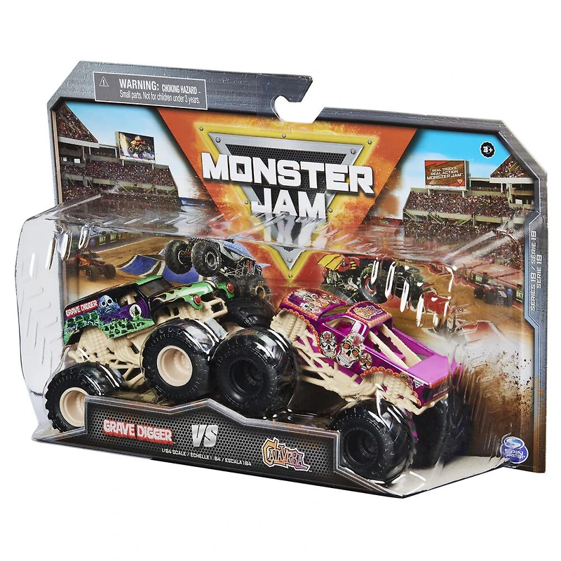 Monster Jam, Monster trucks Grave Digger Vs. Calavera officiels, véhicules en métal moulé à collectionner, échelle 1:64, jouets pour garçons à partir de 3 ans