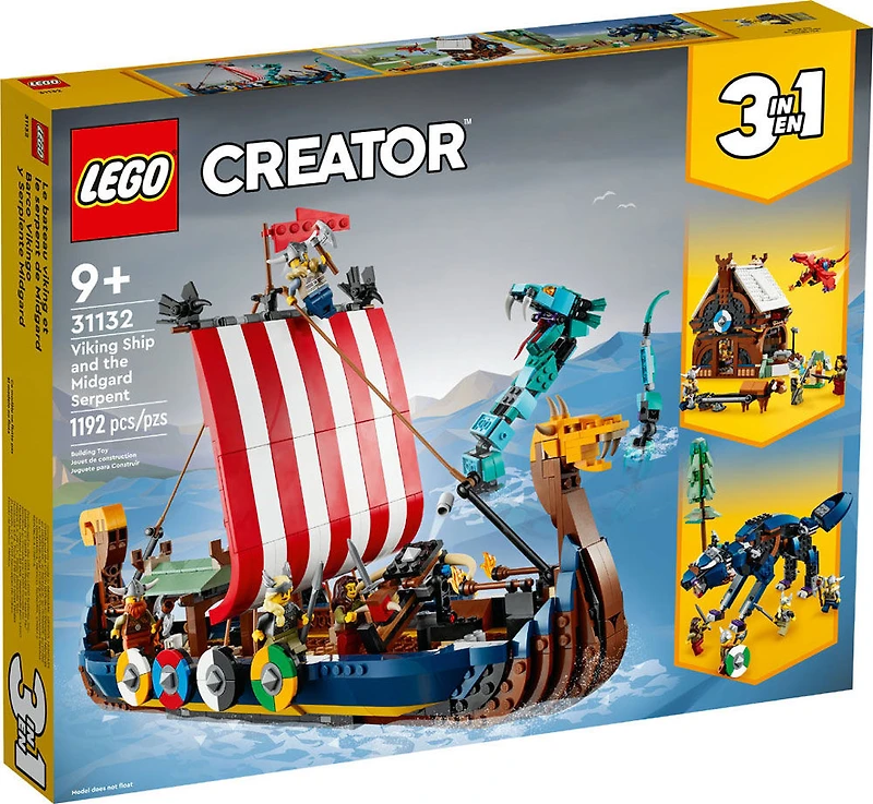 LEGO Creator 3-en-1 Le bateau viking et le serpent de Midgard 31132 Ensemble de construction (1 192 pièces)