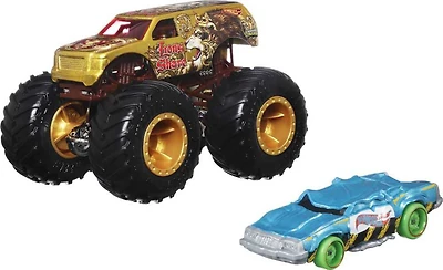 Hot Wheels Monster Trucks 1:64 Scale Vehicles 2 Pack; 1 Die-Cast Truck & 1 Car