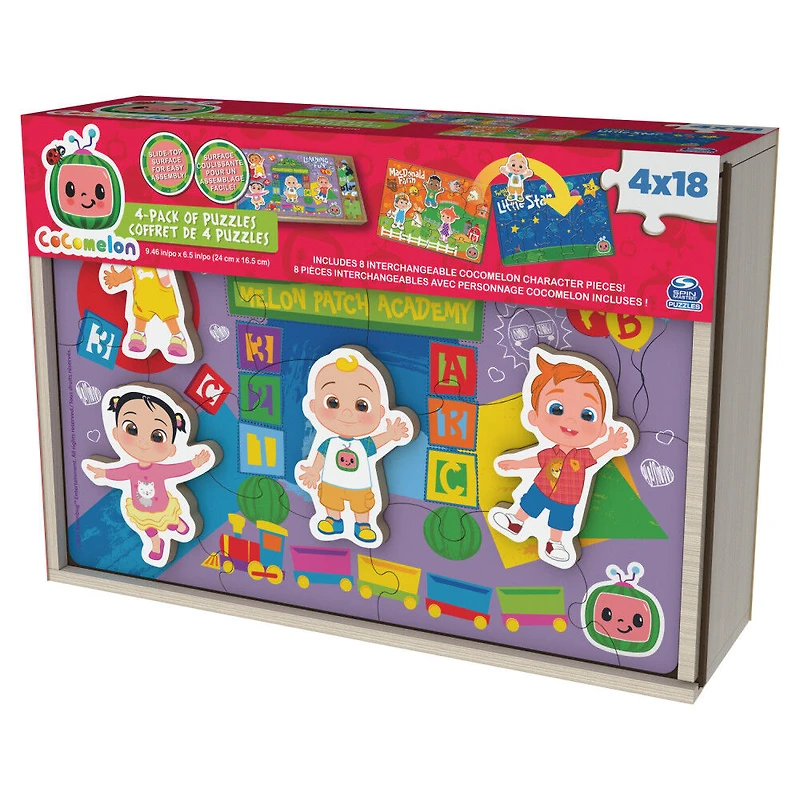 Cocomelon, Coffret de 4 puzzles en bois, Coffret cadeau de puzzles de 18 pièces chacun avec personnages interchangeables