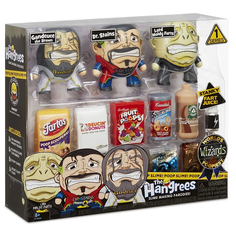 Les figurines Parodie The Hangrees World's Poopiest Wizards à collectionner, paquet de 3 avec gelée