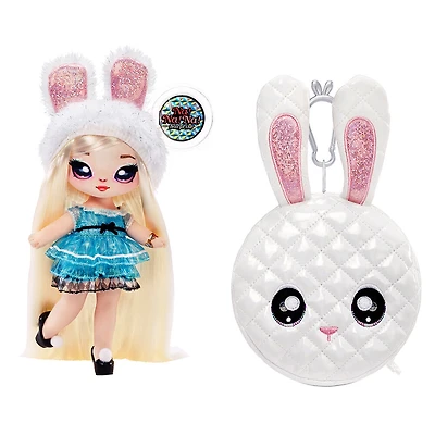 Poupée-mannequin Na Na Na Surprise 2 en 1 et sac à main métallique de la série Glam - Alice Hops, poupée blonde avec robe bleu chatoyante et oreilles de lapin avec le sac à main lapin blanc