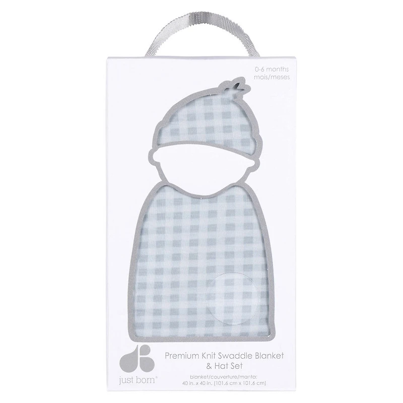 Just Born  - 2 piece Swaddle Blanket+Hat - Blue Plaid