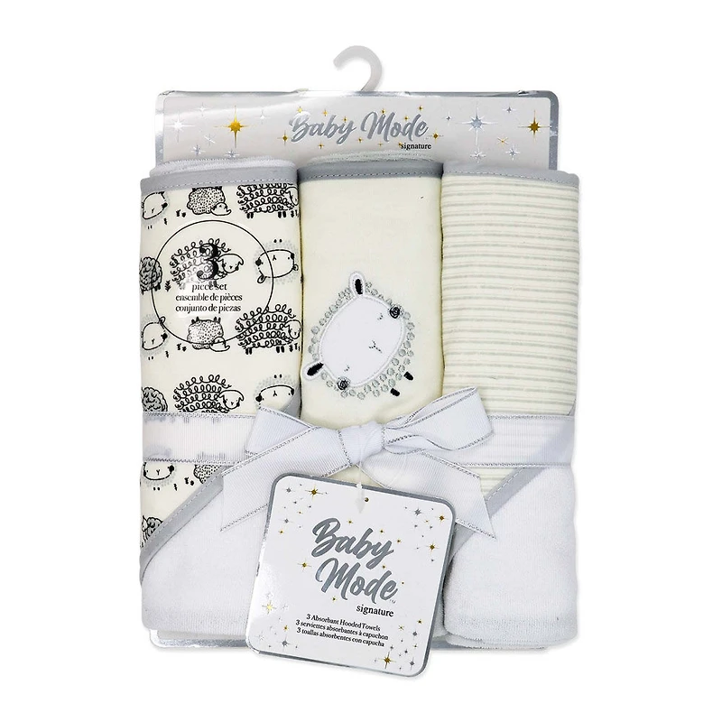 Baby Mode Signature Ivory Sheep Hooded Towel- Set of 3