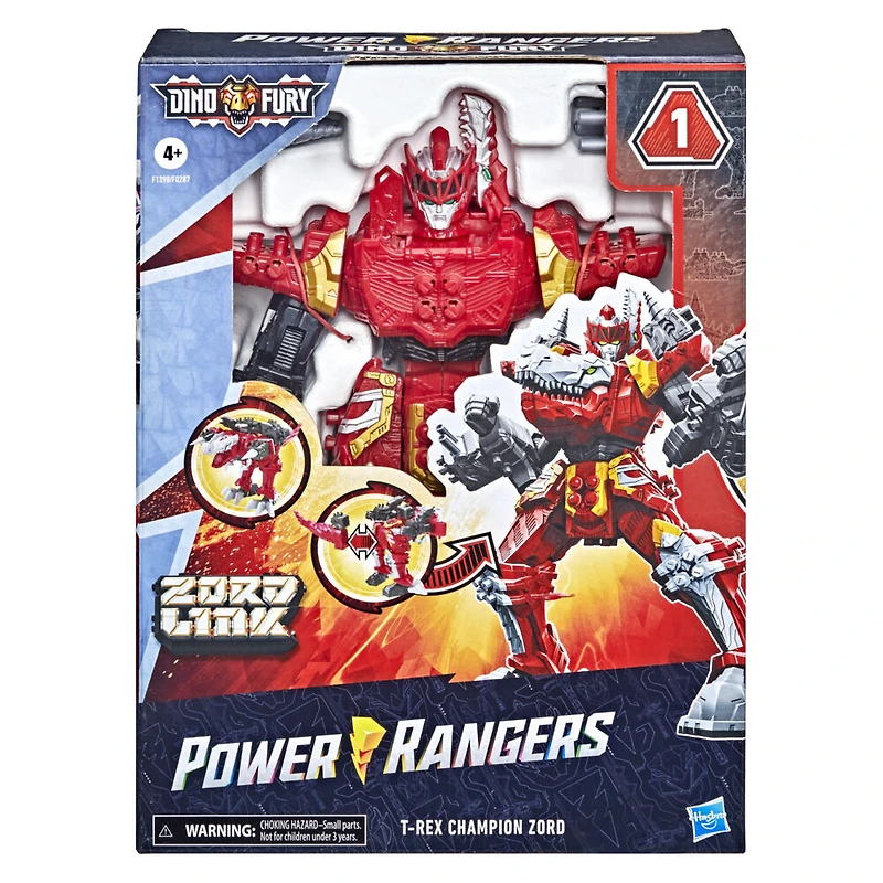 Power Ranger Dino Fury T-Rex Champion Zord, Zord robot dinosaure avec système d'assemblage pour combiner Zord Link