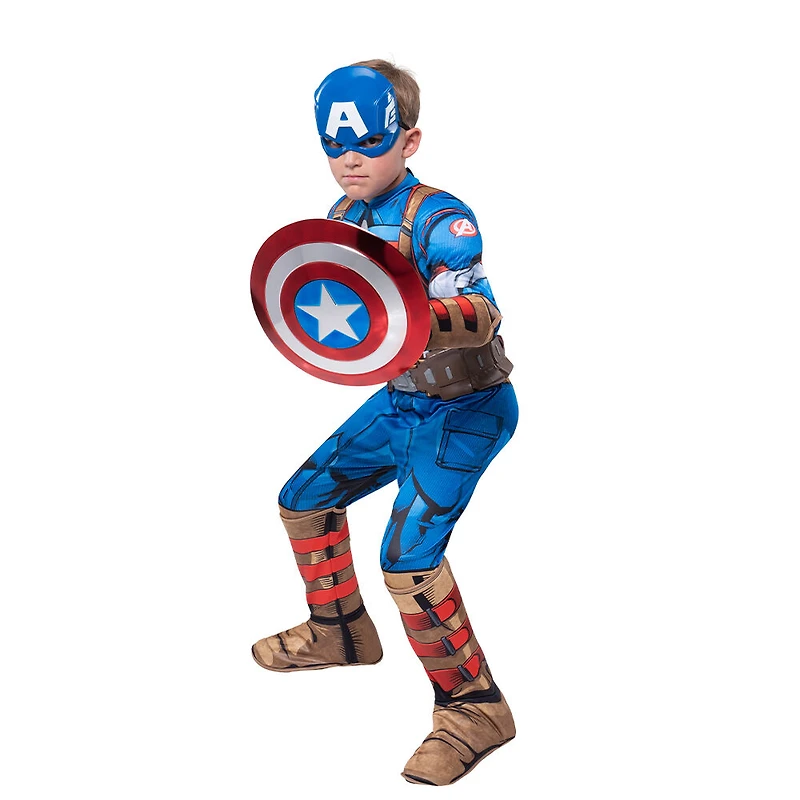 Marvel's Captain America Deluxe Youth Costume Taille Petit - Combinaison Musculaire Avec Motif Imprimé Et Rembourrage En Polyfill Plus Casque 3D, Gants Et Bouclier