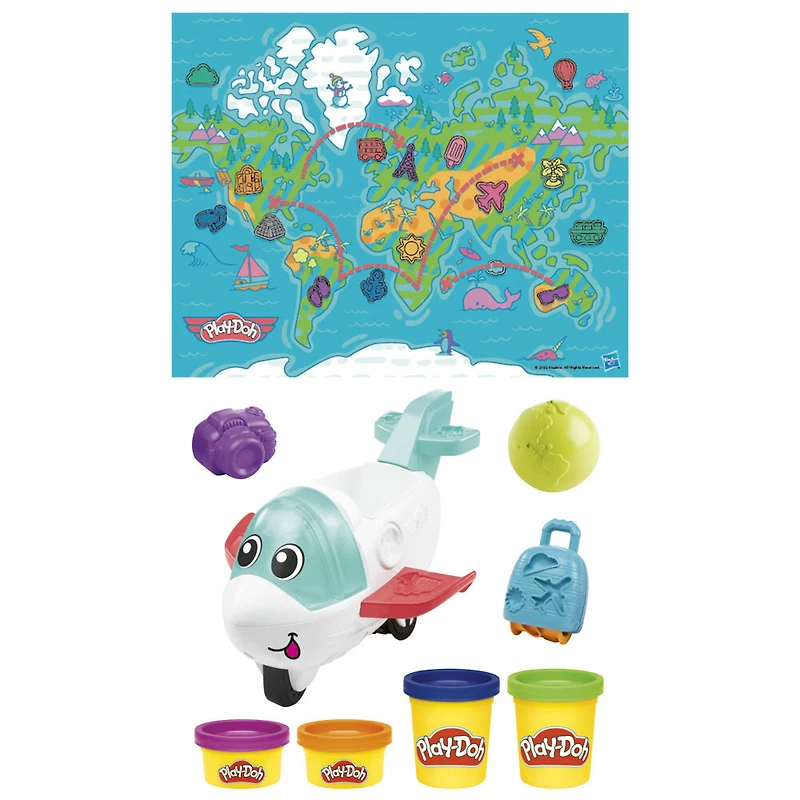 Play-Doh, coffret Starter Mon avion des découvertes, jouets préscolaires pour filles et garçons avec avion, tapis d'activité carte du monde, 3 accessoires et 4 couleurs de pâte à modeler