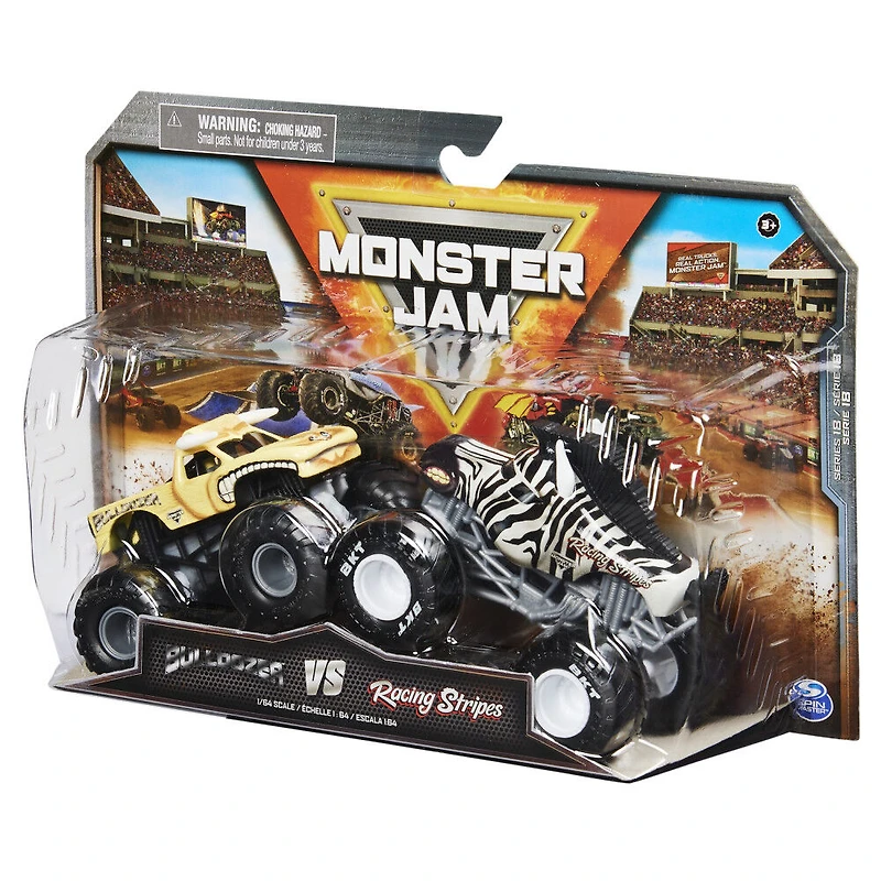 Monster Jam, Monster trucks officiels en métal moulé Bulldozer Vs. Racing Stripes, échelle 1:64