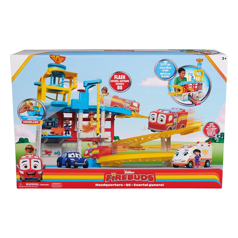 Disney Junior Firebuds, Coffret QG avec effets sonores et lumineux, camion de pompier, figurine articulée et lance-véhicule