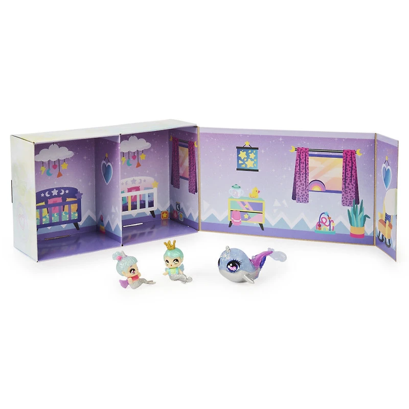 Hatchimals Pixies Riders, Shimmer Babies Narwhal Pixie Baby Twins avec Glider et 4 accessoires