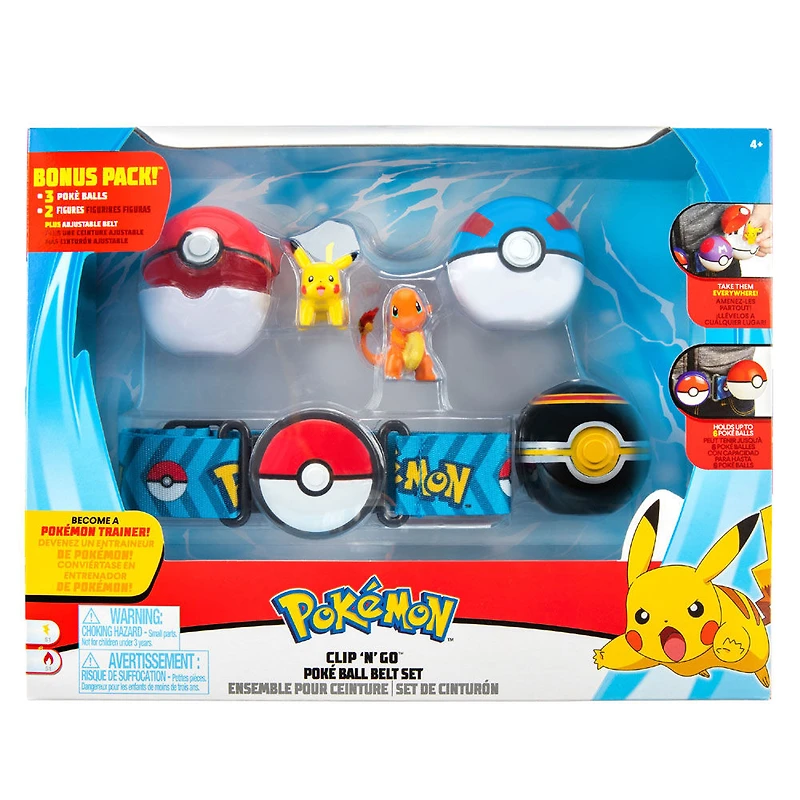 Pokémon - Ensemble de ceinture Clip 'N Go pour ballon Poké - Super Ball (Great Ball), Poké Ball, Luxe Ball, Salamèche (Charmander) no 1 de 5 cm, Pikachu no 1 de 5 cm, et ceinture bleue