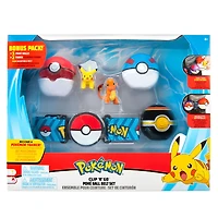Pokémon - Ensemble de ceinture Clip 'N Go pour ballon Poké - Super Ball (Great Ball), Poké Ball, Luxe Ball, Salamèche (Charmander) no 1 de 5 cm, Pikachu no 1 de 5 cm, et ceinture bleue