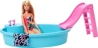 Barbie Doll, 11.5-inch Blonde, and Pool Playset with Slide and Accessories
