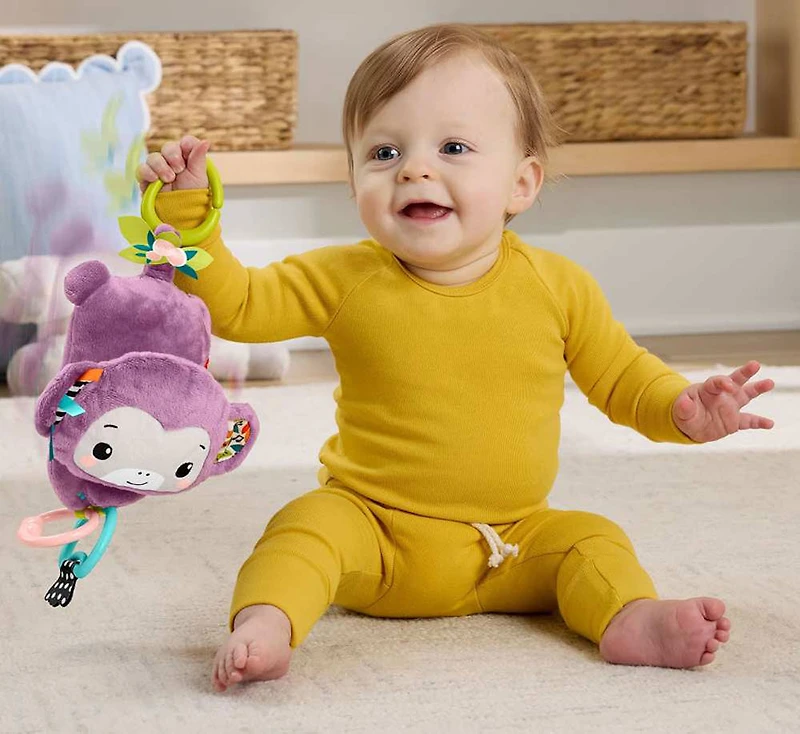 Fisher-Price Jouet pour poussette Sing & Go Singe violet en peluche sensorielle avec plis et claquements