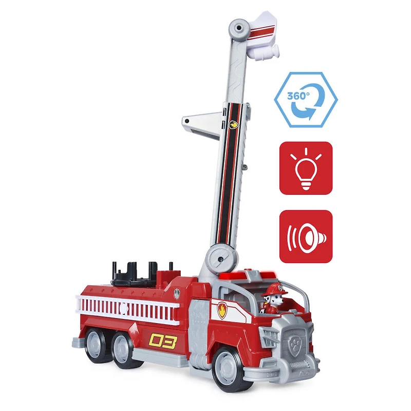 PAW Patrol, Transforming City Firetruck de Marcus tiré du film, avec échelle télescopique, effets sonores et lumineux et figurine articulée à collectionner