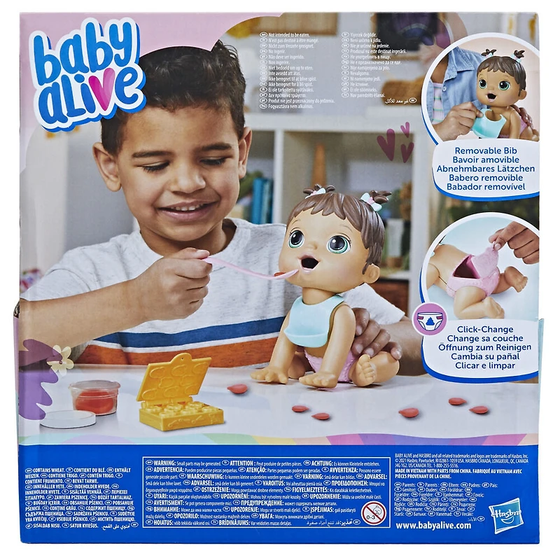 Baby Alive Lil Snacks Doll, Eats and "Poops," 8-inch Baby Doll with Snack Mold, Brown Hair