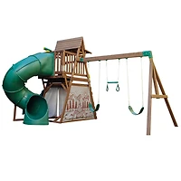KidKraft Ensemble de balançoires/Module de jeu en bois Retraite forestière comprenant une tente, une glissoire tubulaire et trois balançoires