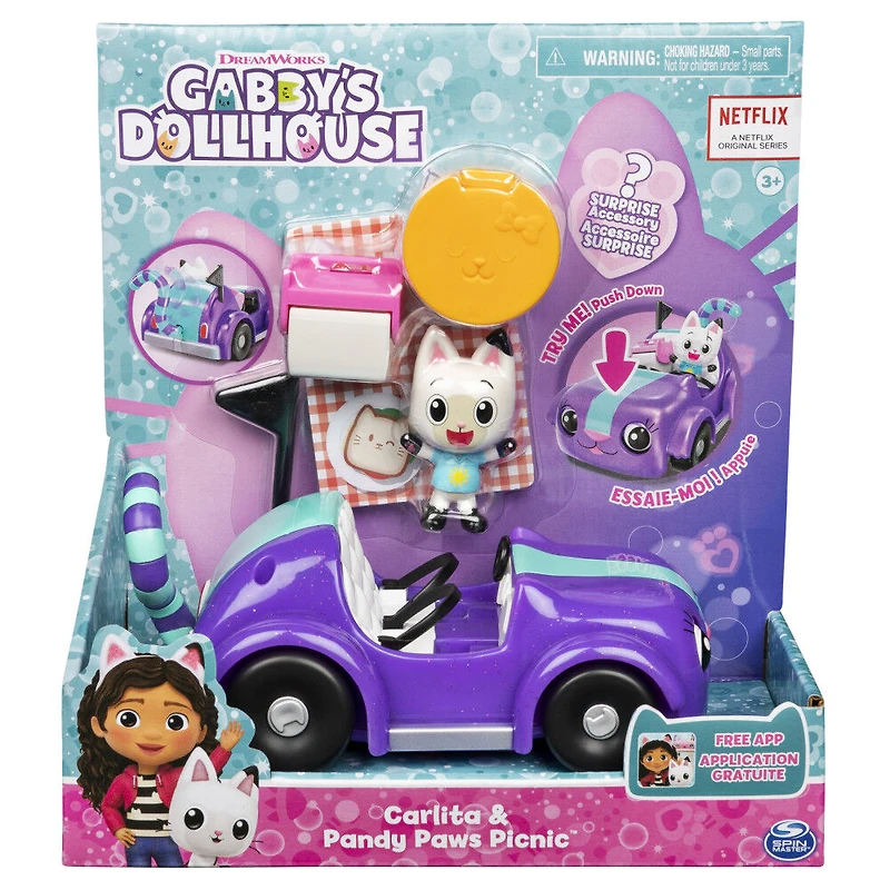 Gabby et la maison magique – Petite voiture Carlita avec figurine Pandy Paws à collectionner et 2 accessoires