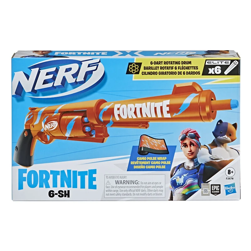 Nerf Fortnite, blaster 6-SH avec revêtement Camo Pulse, mécanisme à percuteur, barillet rotatif 6 fléchettes