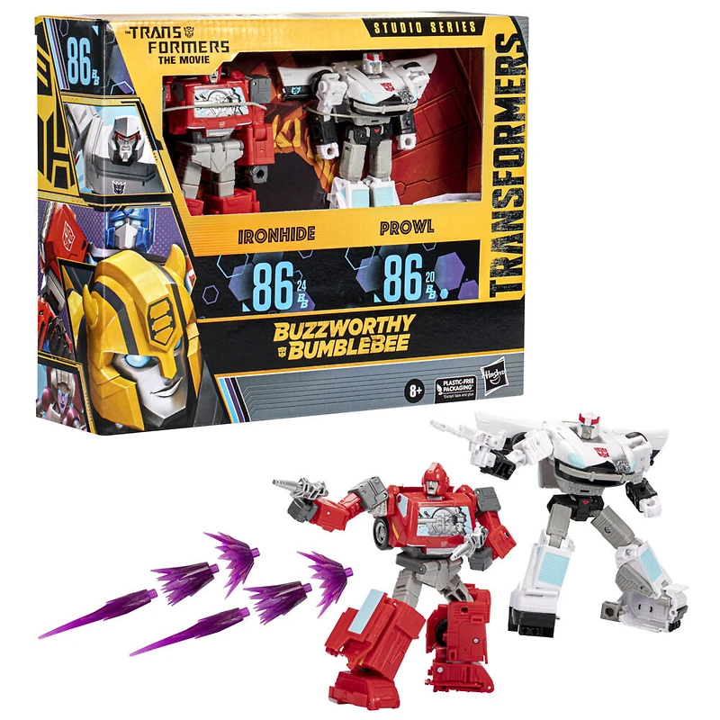 Transformers Studio Series Buzzworthy Bumblebee, figurines 86-24BB Ironhide classe Voyageur et 86-20BB Prowl classe Deluxe - Notre exclusivité