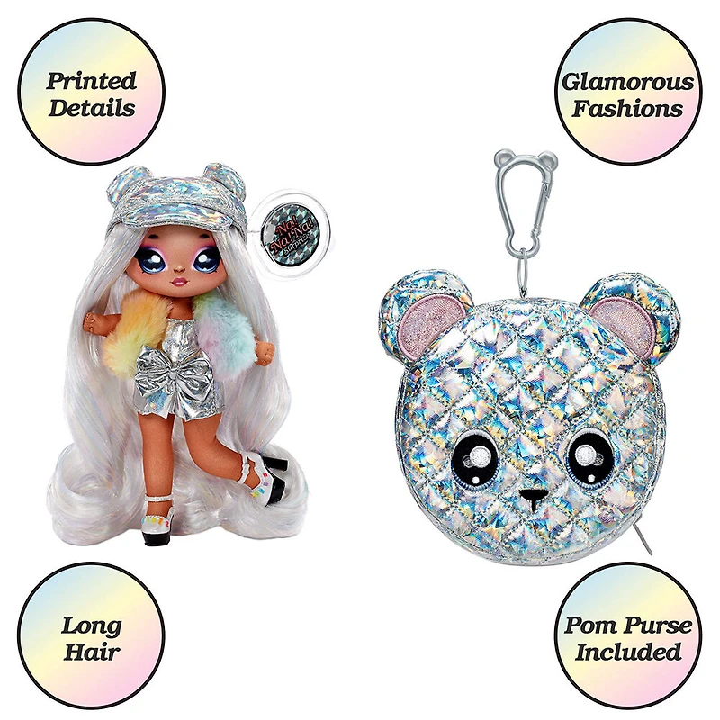 Poupée-mannequin Na Na Na Surprise 2 en 1 et sac à main métallique de la série Glam - Ari Prism, poupée portant une robe argentée prismatique et un chapeau avec sac à main ourson