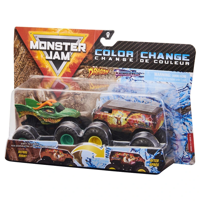 Monster Jam, Official Dragon vs. Thunder Bus Color-Changing Die-Cast Monster Trucks, 1:64 Scale