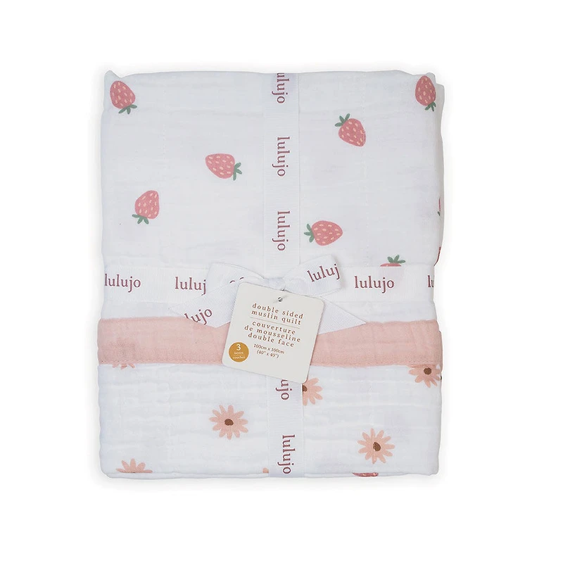 Lulujo - Reversible Muslin Blanket 3 Ply - Daisies-Strawberry