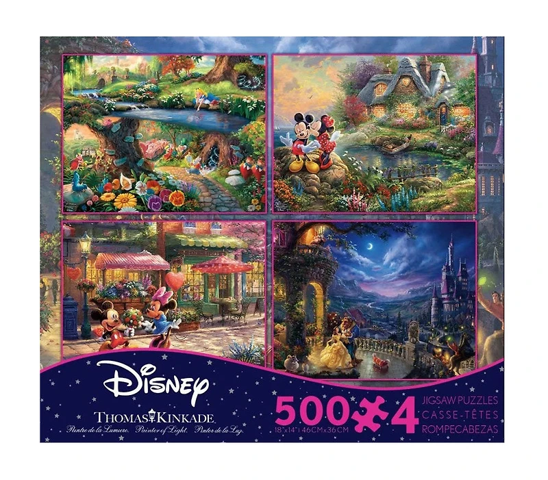 Ceaco Thomas Kinkade Disney 4-in-1 500-Piece Puzzle Multipack (Alice, Mickey, Beauty and the Beast)