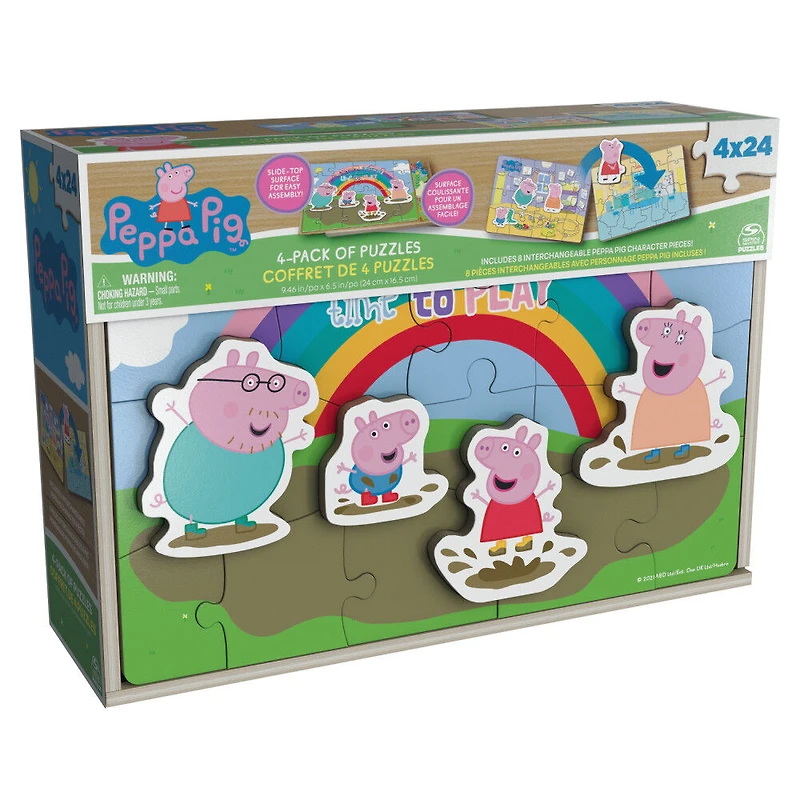 Peppa Pig, 24-Piece Jigsaw Puzzles 4-Pack Bundle with 8 Interchangeable Peppa Pig Character Pieces and Wooden Slide Box