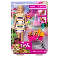 Coffret de jeu Chiots Promenade et jeu Barbie avec poupée Barbie, 2chiots et poussette pour animaux