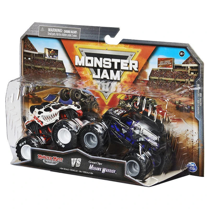 Monster Jam, Monster trucks officiels en métal moulé Monster Mutt Dalmatian Vs. Mohawk Warrior, échelle 1:64