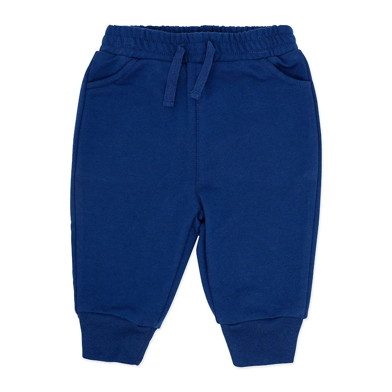 Baby Mode 3 Piece French Terry Jogger Set: Navy Stripe