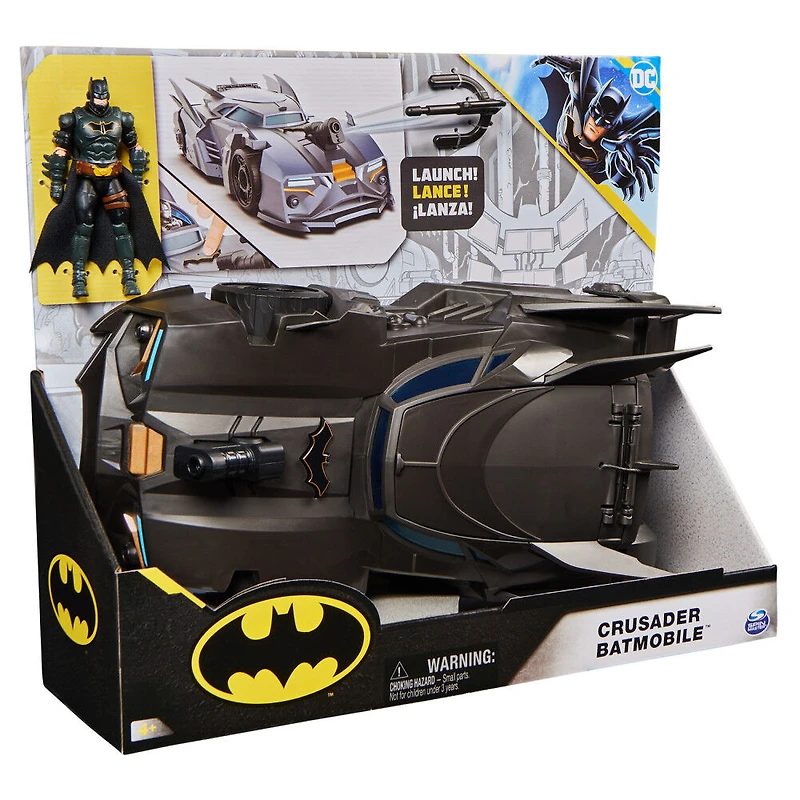 DC Comics, Coffret Crusader Batmobile avec figurine Batman exclusive de 10 cm, 3 figurines de super-méchants en papier