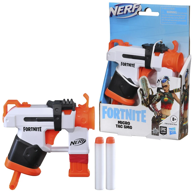 Nerf Fortnite Micro Tac SMG, mini-blaster à fléchette, design Fortnite Tac SMG, inclut 2 fléchettes Nerf Elite officielles