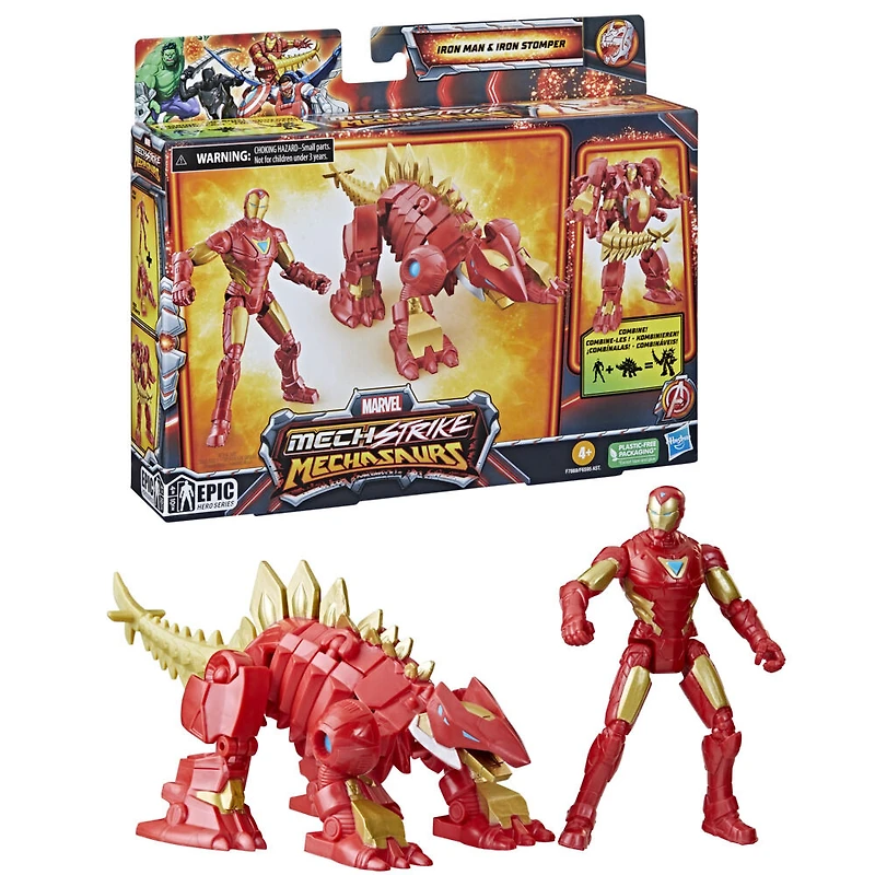 Marvel Mech Strike Mechasaurs, figurine Iron Man de 10 cm avec Iron Stomper Mechasaur